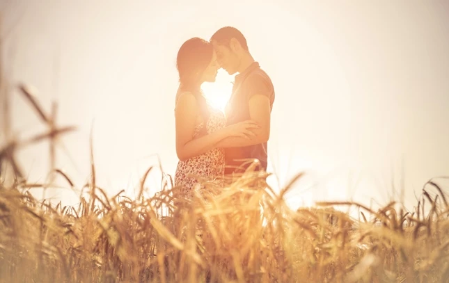 Couple kissing in a wheat field